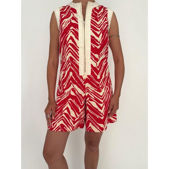 60s vintage red white abstract print retro mod gogo mini shorts playsuit romper - Picture 3 of 9